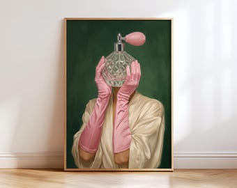 Perfume Bottle Portrait Poster – Glam Feminine Surreal Wall Art in Dark Green