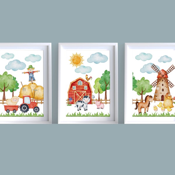 Bauernhof Trio: 3er Set süße Bauernhofbilder | Wandbilder für das Kinderzimmer | Bauernhof Clipart | Bilder Set | Bilder Kinderzimmer