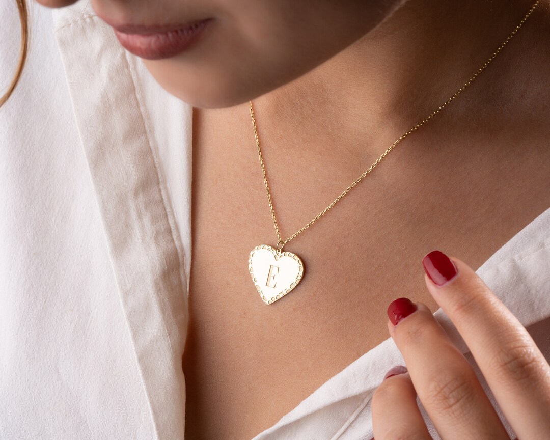 14k Solid Gold Letter Heart Necklace, Gold Initial Necklace, Heart