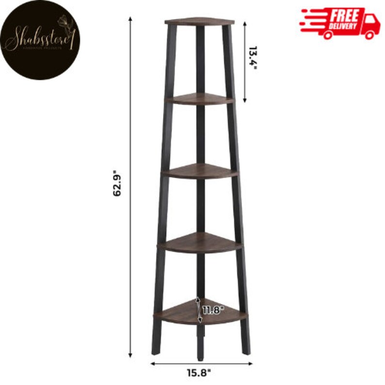 5 Tier Wooden Corner Shelf, Industrial Style 5tier Corner Shelf