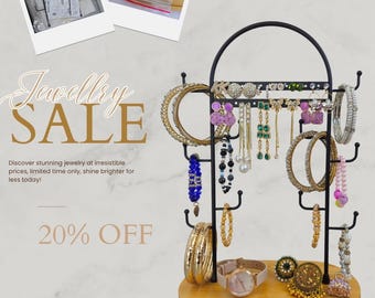 Jewelry Display Stand for Necklaces, Metal Jewelry Organizer with Wood Try, Free Standing Earring Holder, Ring Organizer Stand, Gift For Her
