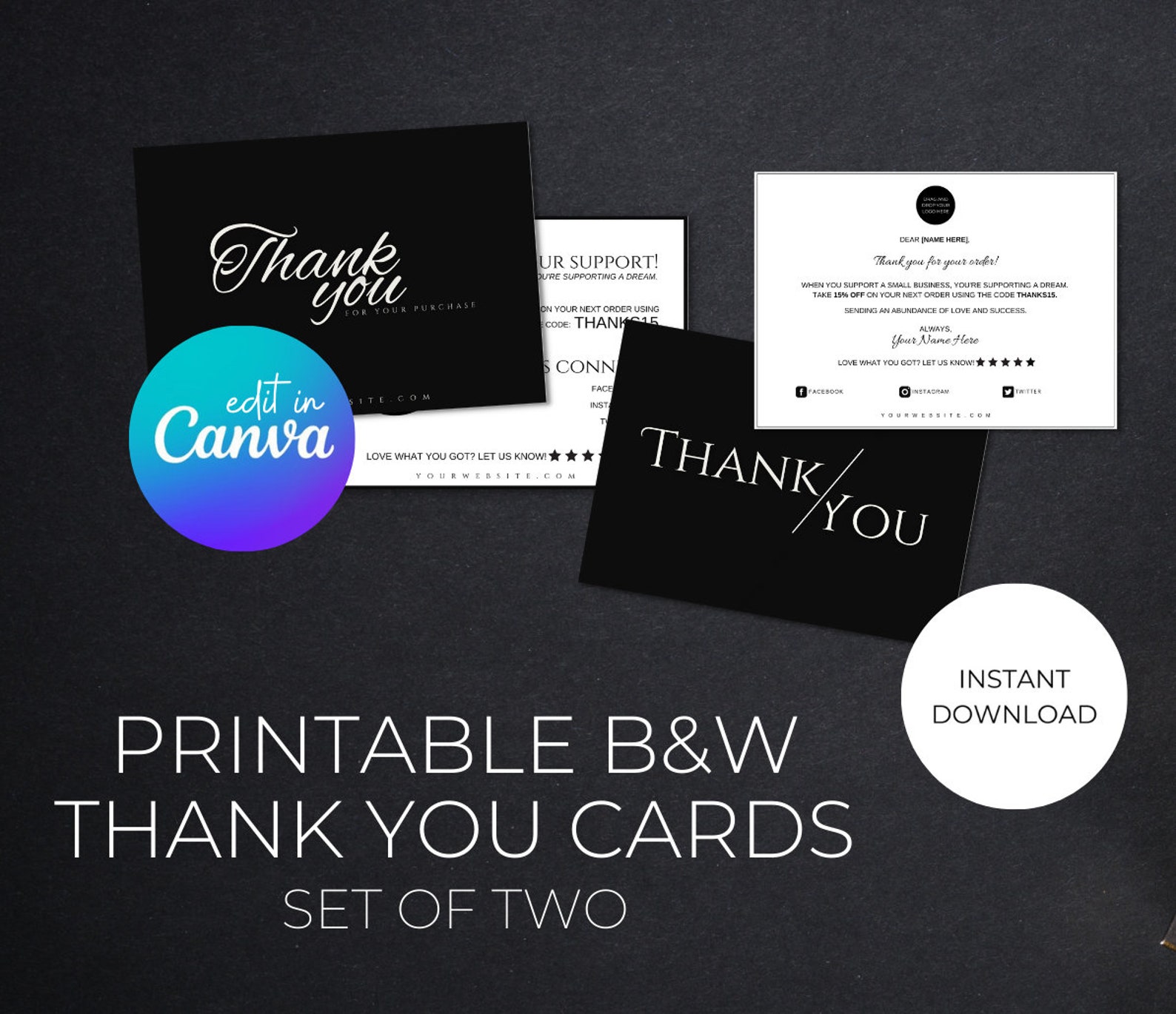 EDITABLE Black Luxury Thank You Card, Elegant Canva Card Template