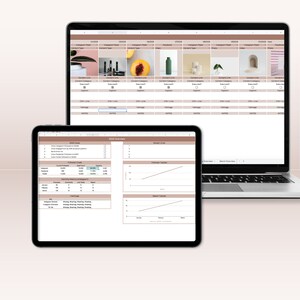 May include: A laptop computer screen displaying a spreadsheet with a 2023 overview, a line graph, and a table. A tablet computer screen displays a spreadsheet with a 2023 goals section, a monthly analytics section, and a hashtag section.