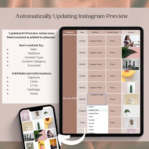 May include: A screenshot of a computer screen showing a calendar with a list of dates and platforms. The calendar is used to schedule and track social media posts. The calendar is labeled "Automatically Updating Instagram Preview".