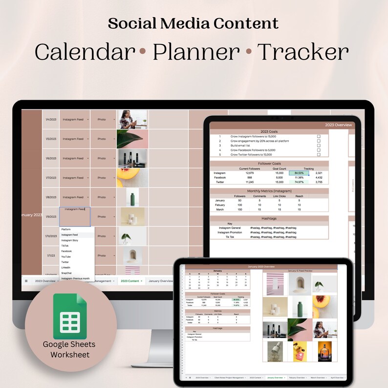 May include: A computer screen displaying a Google Sheets worksheet for social media content planning. The worksheet includes a calendar, a planner, and a tracker for Instagram, Facebook, and Twitter. The worksheet is designed to help users schedule and track their social media posts.