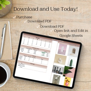 May include: A tablet computer displaying a spreadsheet with a calendar, social media metrics, and a preview of a social media feed. The spreadsheet is titled "January 2023 Overview" and the feed preview is titled "January IC Feed Preview".
