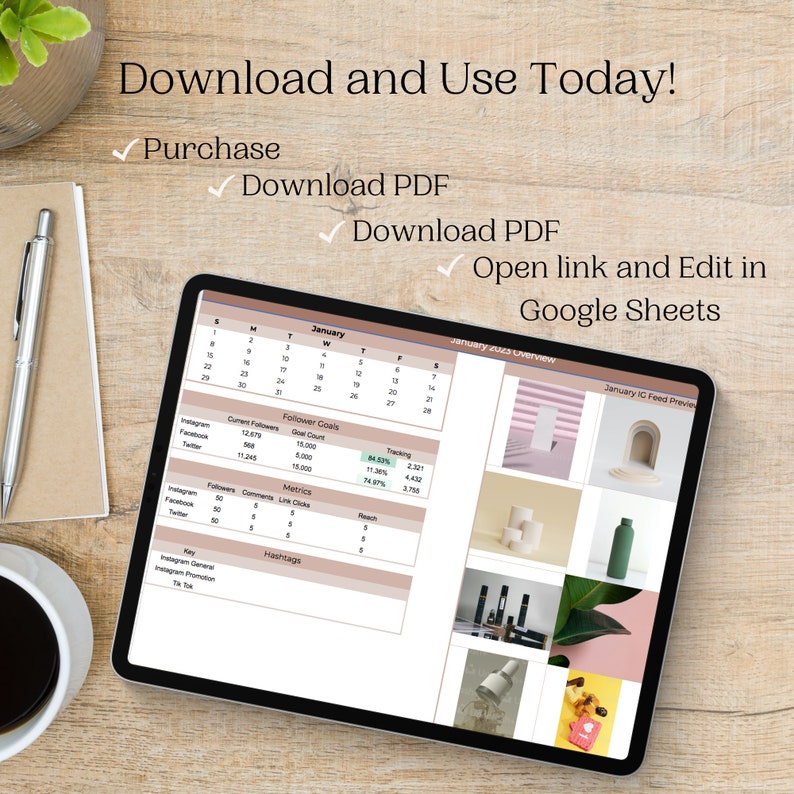 May include: A tablet computer displaying a spreadsheet with a calendar, social media metrics, and a preview of a social media feed. The spreadsheet is titled "January 2023 Overview" and the feed preview is titled "January IC Feed Preview".