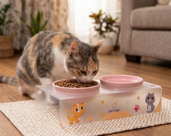 Comedouro elevado em acrílico para cães e gatos: duas tigelas de cerâmica.