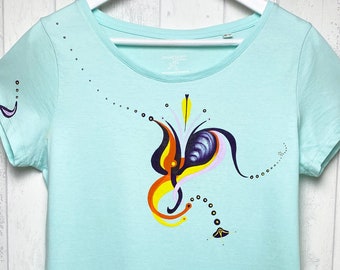Mintfarbenes T-Shirt aus Bio Baumwolle mit abstraktem Design zum Thema Lebensfreude. Größe XL