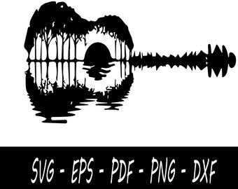 ギター サンセット SVG、ギター SVG、ヤシの木 SVG、反射サンセット SVG、Cricut Glowforge、png、eps、svg、dxf、pdf インスタント ダウンロード ファイル