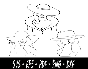 帽子をかぶった女性の 1 本の線画 SVG、女性の 1 本の線画 SVG、つばの広い帽子のプリント、帽子ファッション SVG、ボヘミアン ミニマリスト ファイル、Png Eps Dxf Pdf