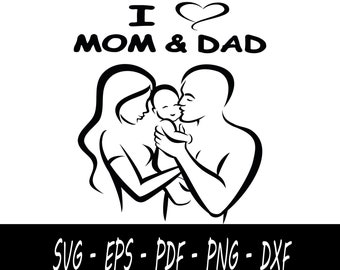 ママとパパと赤ちゃんの愛 svg | ママとパパと赤ちゃん svg | ママ svg | 母親 svg | 赤ちゃんと一緒の父親のシルエット | Cricut 用ファイル | png eps pdf dxf svg