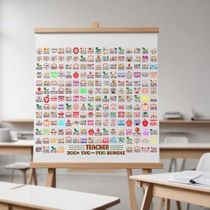 Puede incluir: Una pizarra blanca con una cuadr&iacute;cula colorida de m&aacute;s de 200 archivos SVG y PNG con tem&aacute;tica de maestros. La pizarra est&aacute; etiquetada como "Teacher 200+ SVG - PNG Bundle".