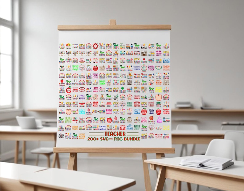 Puede incluir: Una pizarra blanca con una cuadr&iacute;cula colorida de m&aacute;s de 200 archivos SVG y PNG con tem&aacute;tica de maestros. La pizarra est&aacute; etiquetada como "Teacher 200+ SVG - PNG Bundle".