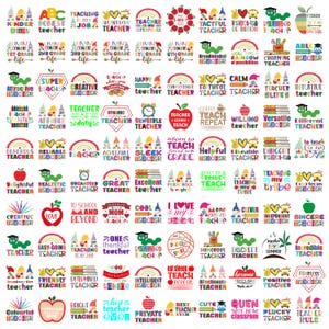 Puede incluir: Una colecci&oacute;n de archivos de corte SVG de tem&aacute;tica docente, coloridos. Los dise&ntilde;os presentan diversas frases e im&aacute;genes relacionadas con la ense&ntilde;anza, como "Maestro del a&ntilde;o", "Super maestro", "Ense&ntilde;ar es mi trabajo", "Nacido para ense&ntilde;ar", "Amo a mis alumnos" y "Reina del aula".