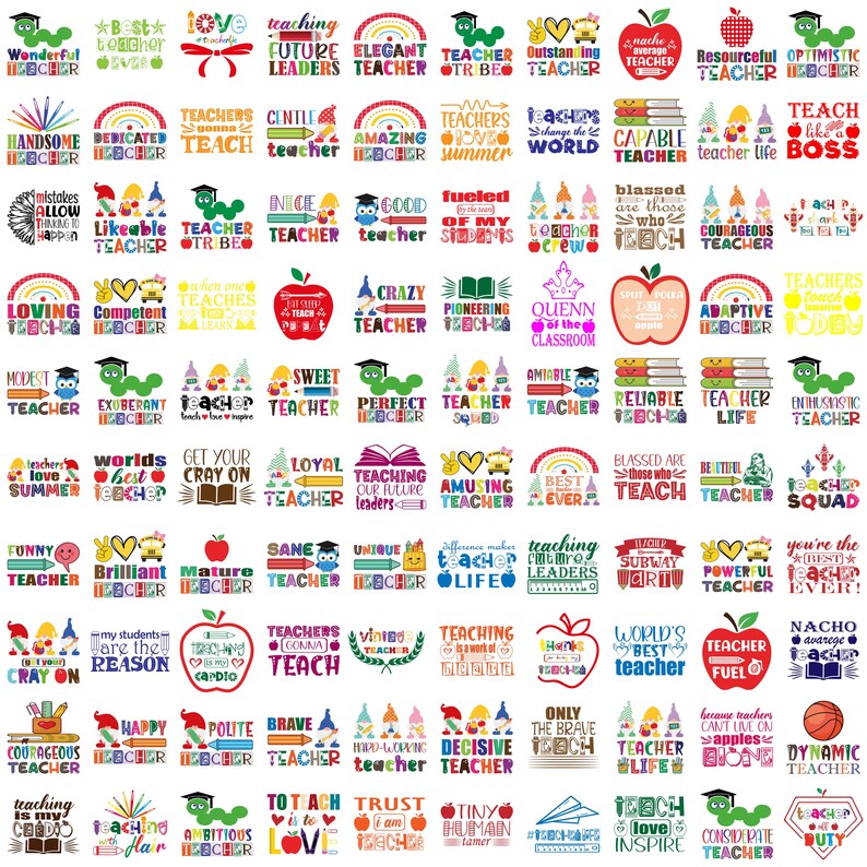 Puede incluir: Una colecci&oacute;n de archivos de corte SVG de tem&aacute;tica docente, coloridos. Los dise&ntilde;os presentan diversas frases e ilustraciones relacionadas con la ense&ntilde;anza, como "Teacher Tribe", "Teaching Future Leaders", "World's Best Teacher" y "Amazing Teacher".