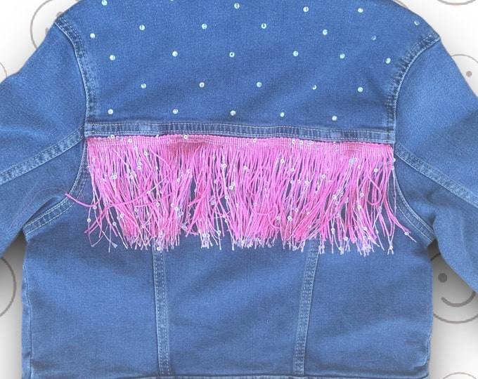 Fringe Denim Jacket, Rhinestone Cowgirl Denim Jacket, Pink Fringe Custom Denim Jacket