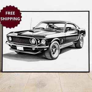 Ford Mustang framed poster for car lover, custom car drawing custom car framed poster modern wall art decor wall art for living room