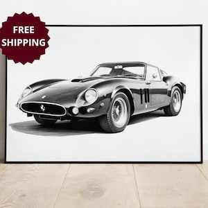 Ferrari 250 GTO framed poster gift for car lover, custom ferrari drawing, ferrari poster modern wall art, decor for living room