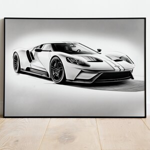 Póster enmarcado de Ford GT para amantes de los automóviles, regalo para novio, dibujo de automóvil personalizado, póster enmarcado de automóvil personalizado, arte de pared moderno, arte de pared para garaje