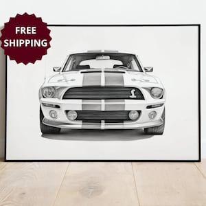 Ford Shelby Cobra framed poster gift for car lover, custom car drawing custom mustang framed poster modern wall art, decor for garage