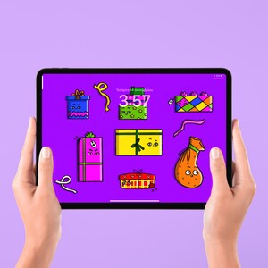 May include: A purple phone screen with a digital clock displaying 3:57. The screen shows a variety of colorful cartoon gift boxes with faces and a cartoon gift bag with a face.