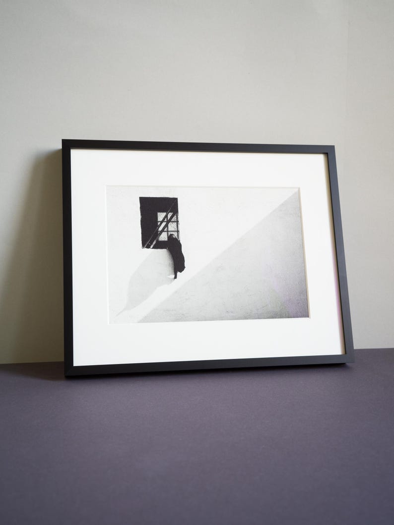 Schwarzweißfotografie, die eine aus einem Fenster springende Katze zeigt. Das Foto ist sehr minimalistisch, mit hohem Kontrast und geometrischen Formen. Die Katze hat ein schwarzes Fell und ist gerade dabei, aus dem Fenster zu springen. Eine Schattenlinie an der Hauswand teilt das Bild diagonal in zwei Hälften.