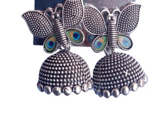 Oxidized Silver Butterfly Jhumka Earrings: Handcrafted Boho Tribal Jewelry