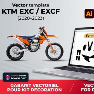 Op de afbeelding: Een oranje en blauwe KTM EXC/EXCF motorfiets vector sjabloon wordt weergegeven naast een laptop met een schaal 1:1 formaat. De afbeelding bevat de tekst "Vector template KTM EXC / EXCF (2020-2023)" en "Instant Digital Download".