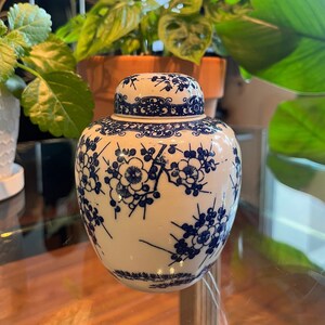 Vintage Japanese Blue & White Porcelain Cherry Blossom Ginger Jar, 1950’s