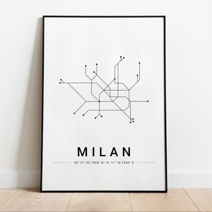 Carte de Milan Carte du métro de Milan Art mural géométrique Poster de Milan Impressions d'art mural de Milan Carte postale de Milan Italie Cadeau de Milan Carte postale d'art mural
