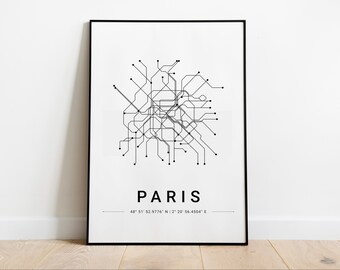 Mapa de París Mapa del metro de París Arte mural geométrico Póster de París Impresiones de arte mural de París Postal de París, Francia Regalo de París Arte mural con postales