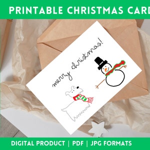 Druckbare Weihnachtskarte Hund Schneemann Mini Schnauzer mit Schal weißen Hintergrund PDF rot grün handmade Design niedliche Illustration
