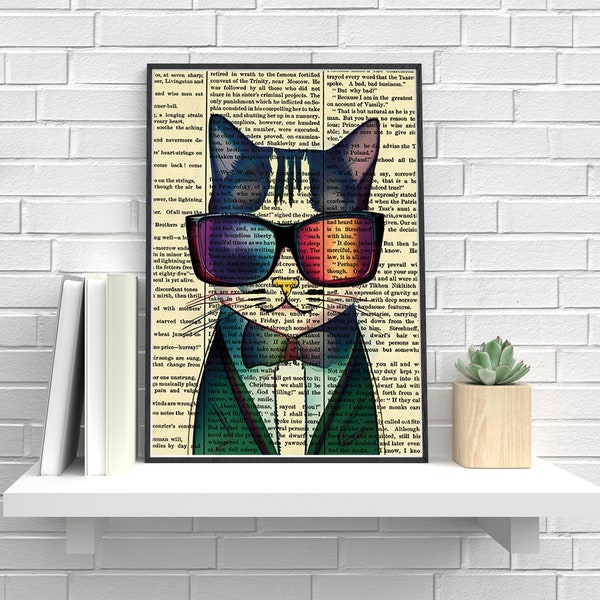 Affiche de Chat avec lunettes miroir multicolores et costume vert | Chat stylé | Aquarelle sur papier journal | Poster Vintage à imprimer