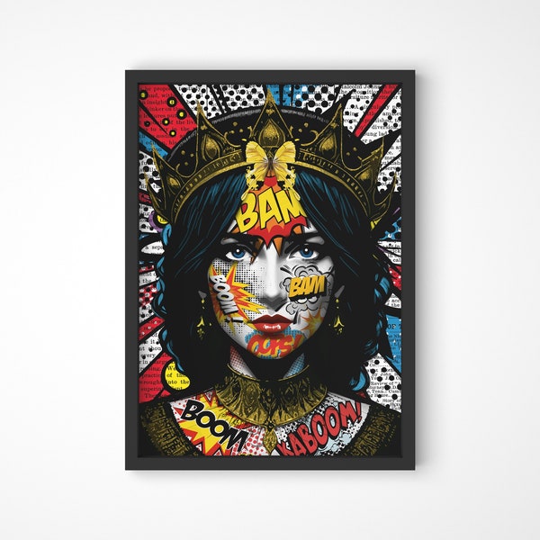 PopArt / StreetArt woman portrait poster with crown, Pop Culture painting, Pop Art poster, Contemporary Art, Graffiti, Banksy style