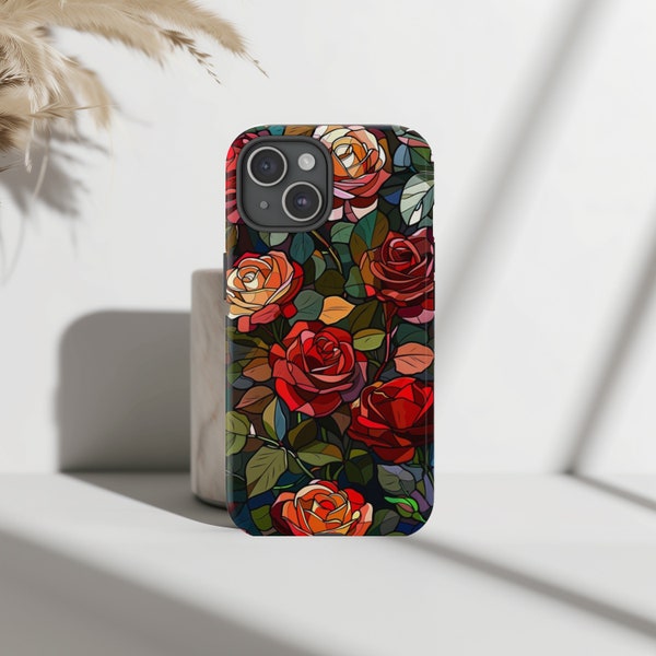 Stained glass roses, phone case design, iPhone 15 14 13 12 11 Pro Max 8 Plus X, Samsung Galaxy S23 S22 S20 Ultra