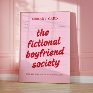 FICTION BOYFRIEND SOCIETY a4 Wandkunst Retro Bibliotheksausweis ästhetisch rot pink Lesebuch Liebhaber bff Geschenk 2000s funky home decor uni print