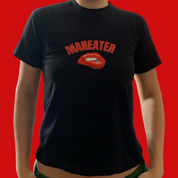 MANEATER iconic retro graphic baby tee y2k crop top tshirt womens pop culture 2000s 90s vintage grunge funny novelty red lips feminist