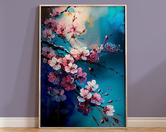 Cherry Blossom Art Japanese Flower Print Sakura Branch Blue Pink Purple Gift for Nature Lover Wall Decor Acrylic Style Colourful Abstract