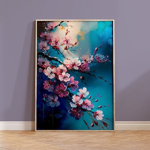 桜アート 日本の花のプリント 桜の枝 ブルー ピンク パープル 自然愛好家へのギフト 壁装飾 アクリルスタイル カラフル 抽象的