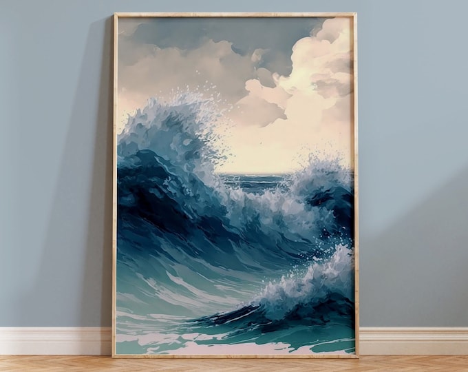 Stampa artistica delle onde dell'oceano Regalo contemporaneo per l'inaugurazione della casa Pittura in stile acrilico Paesaggio marino Decorazione della parete Paesaggio marino Blu e bianco Boho Home Art