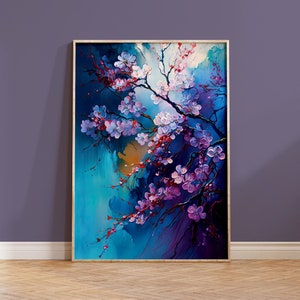 桜 日本の花 アートプリント 桜の枝 ブルー ピンク パープル 自然愛好家へのギフト 壁装飾 アクリルスタイル カラフル 抽象