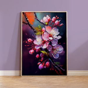桜の壁アートプリント 日本の花の絵画 桜の枝 暗い背景 ピンク 紫 ギフト 鮮やかな室内装飾 カラフル 大胆