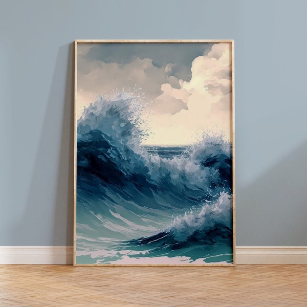 Ocean Waves Art Print Contemporary Housewarming Gift Acrylic Style Painting Seascape Wall Decor Sea Landscape Blue and White Boho Home Art