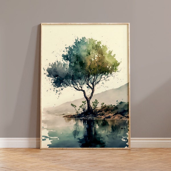 Lone Tree. Physical Art Print. Free Worldwide Shipping. Generative art.  Contemporary. Housewarming Gift. Watercolour. Nature Art. Boho Art.