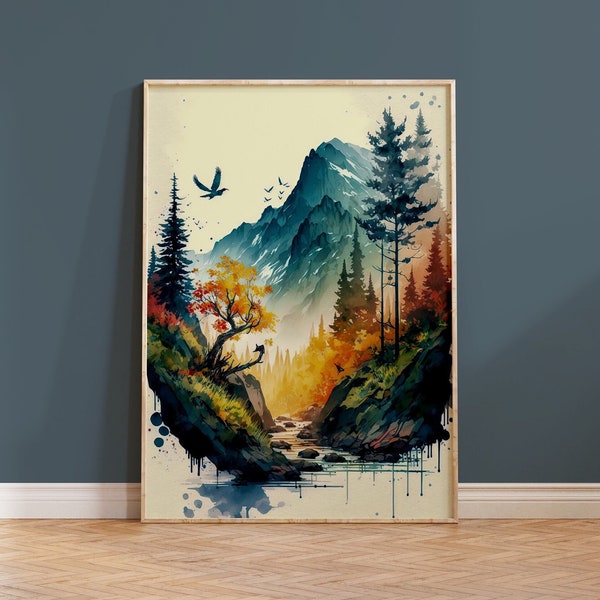 Watercolour Mountain Boho Nature Art Housewarming Gift Colourful Autumn Landscape Dripping Watercolor Neutral Colours Wall Decor Print