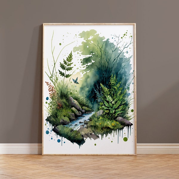 Nature Wall Art Print Green Landscape Original Artwork Boho Housewarming Gift Watercolour Painting Stream Leaves Picture Home Decor Picture