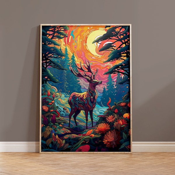 Trippy Stag Art Deer Print Colourful Psychedelic Abstract Nature lover Gift Housewarming Boho Animal Painting Neon Art Nouveau Lineart