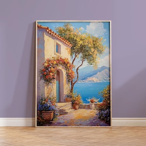 Impresión de arte mural con paisaje mediterráneo, decoración del hogar de la costa europea española, pintura acrílica griega, regalo de inauguración de la casa, paisaje marino, océano italiano