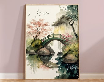 Japanese Wall Art Print Watercolour Boho Housewarming Gift Sakura Tree Nature Cherry Blossom Simple Landscape Home Decor Japan Painting